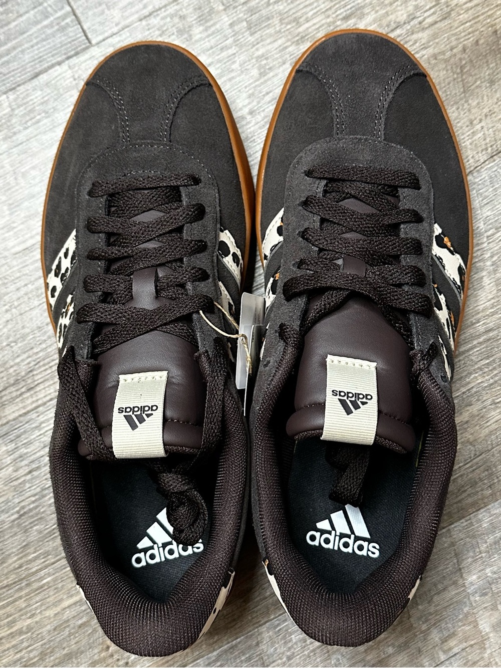 adidas VL Court 3.0 Brown Suede Sneakers with Leopard-Pattern Stripes - Picture 2 of 5